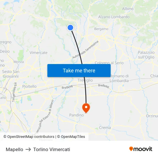 Mapello to Torlino Vimercati map