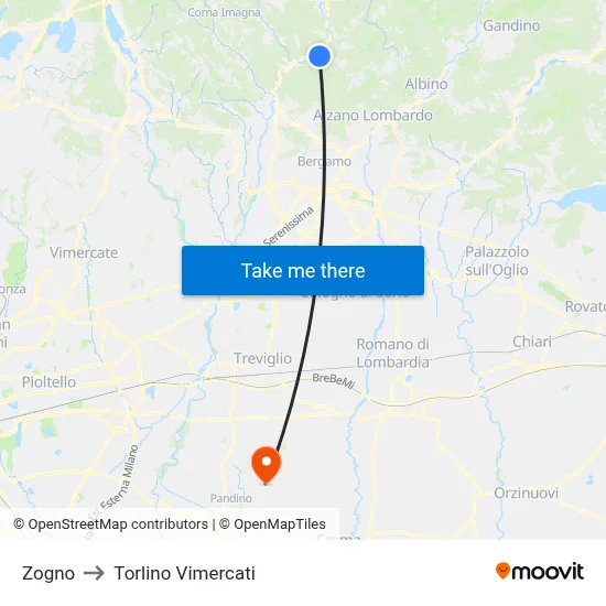 Zogno to Torlino Vimercati map