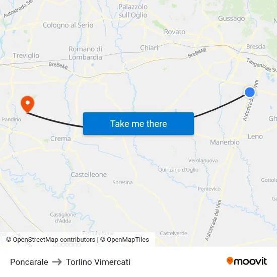 Poncarale to Torlino Vimercati map