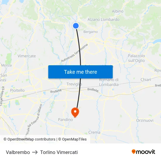 Valbrembo to Torlino Vimercati map