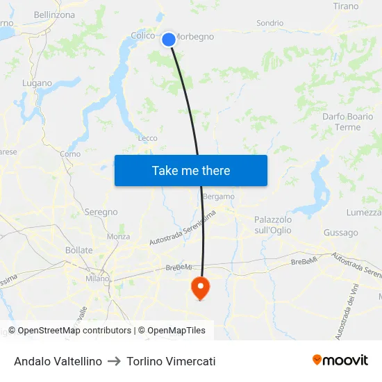 Andalo Valtellino to Torlino Vimercati map