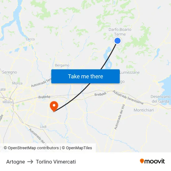 Artogne to Torlino Vimercati map