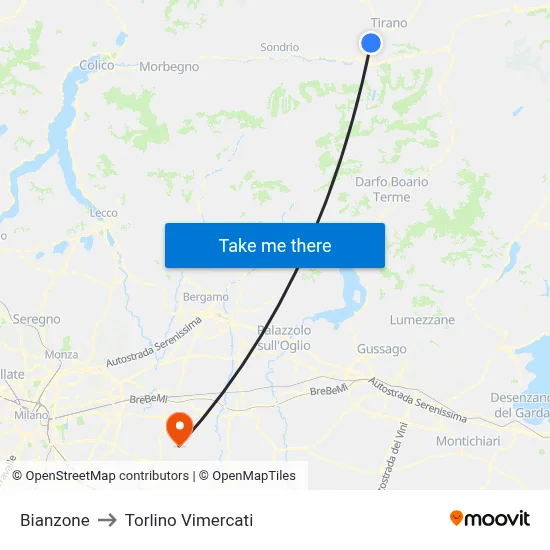 Bianzone to Torlino Vimercati map