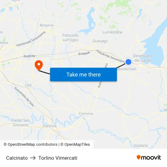 Calcinato to Torlino Vimercati map