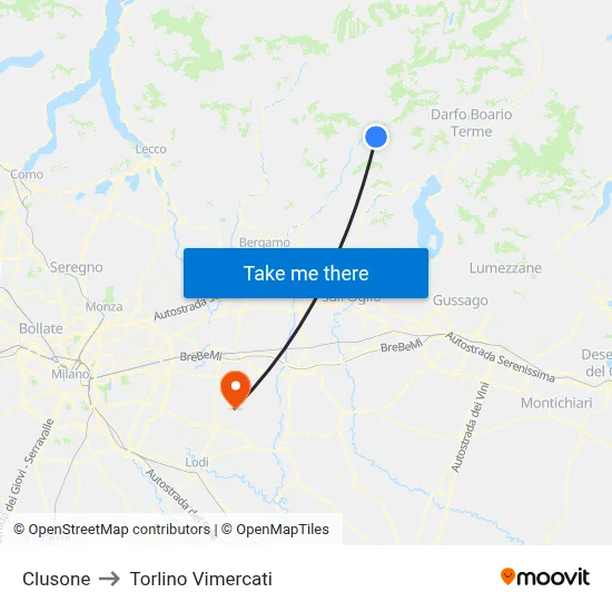 Clusone to Torlino Vimercati map