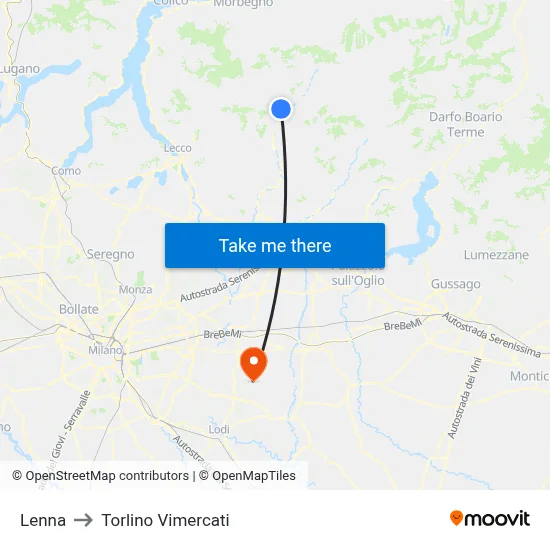 Lenna to Torlino Vimercati map