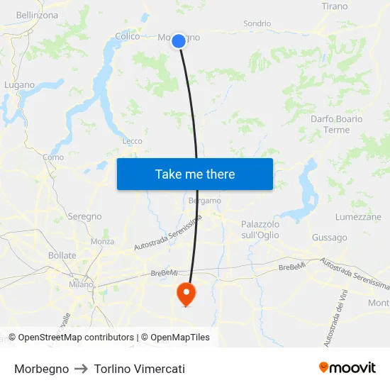 Morbegno to Torlino Vimercati map
