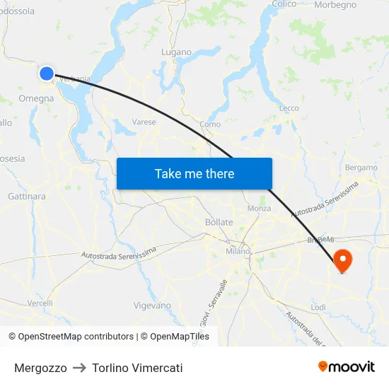 Mergozzo to Torlino Vimercati map