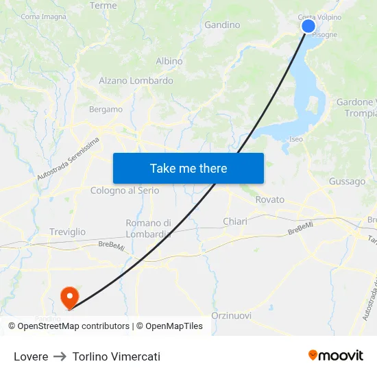 Lovere to Torlino Vimercati map