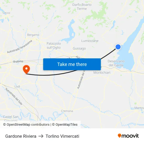Gardone Riviera to Torlino Vimercati map