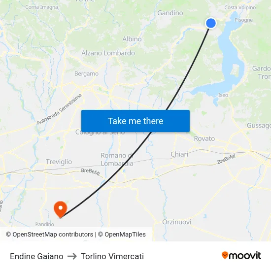 Endine Gaiano to Torlino Vimercati map