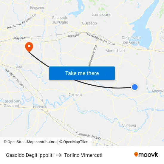 Gazoldo Degli Ippoliti to Torlino Vimercati map