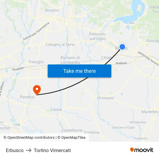 Erbusco to Torlino Vimercati map