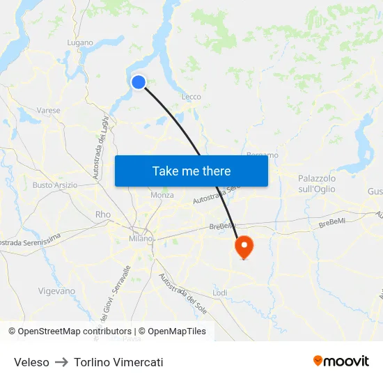 Veleso to Torlino Vimercati map
