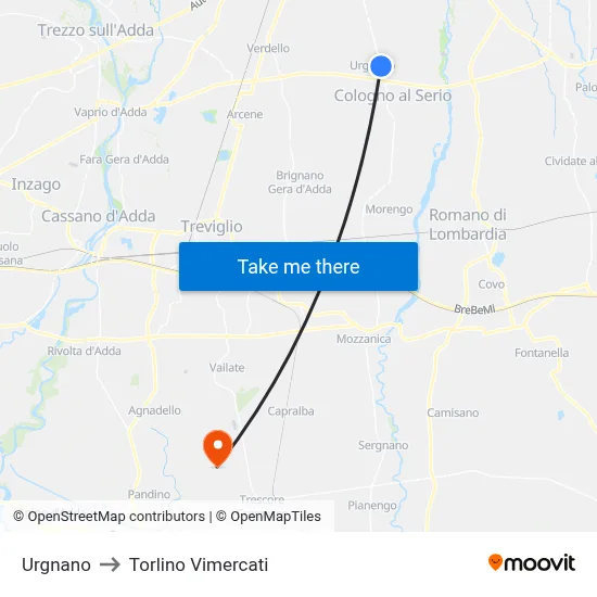 Urgnano to Torlino Vimercati map