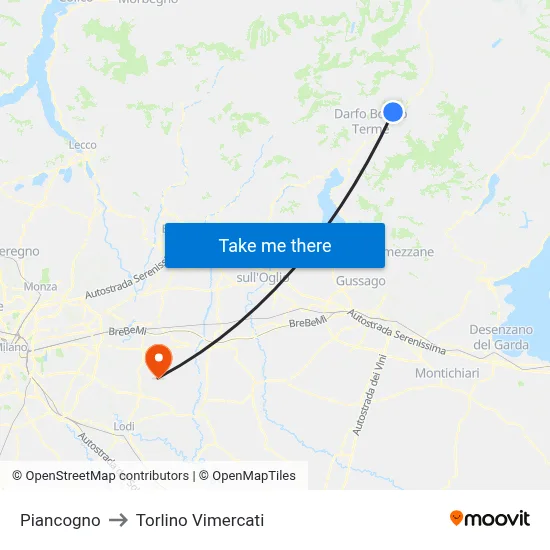 Piancogno to Torlino Vimercati map
