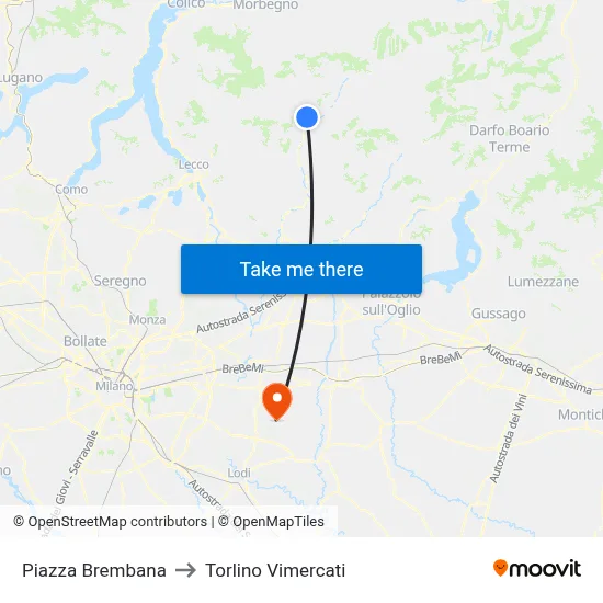 Piazza Brembana to Torlino Vimercati map