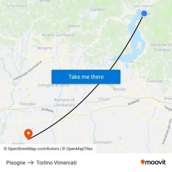 Pisogne to Torlino Vimercati map
