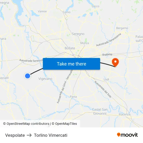 Vespolate to Torlino Vimercati map