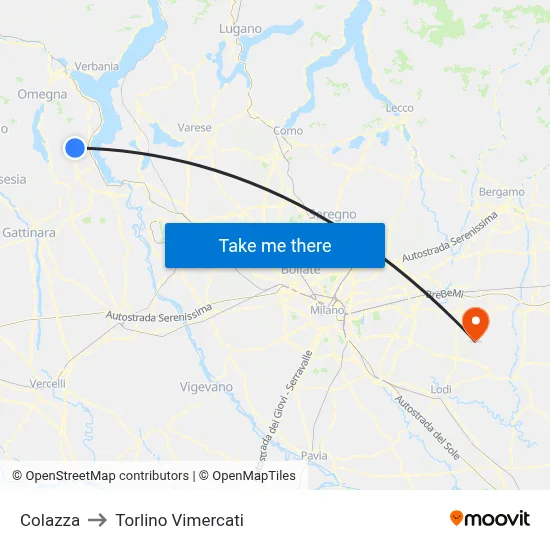 Colazza to Torlino Vimercati map