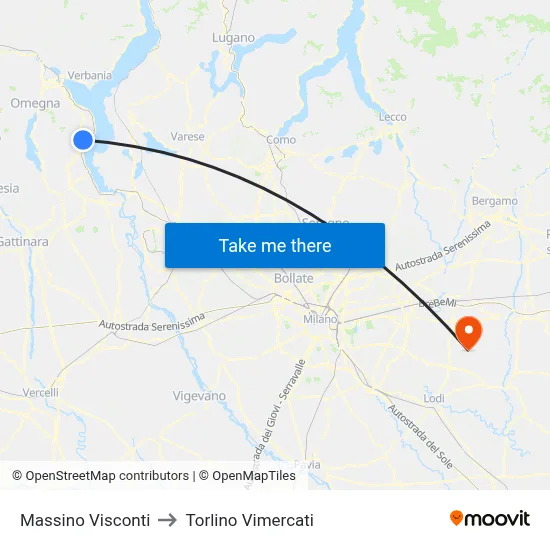 Massino Visconti to Torlino Vimercati map