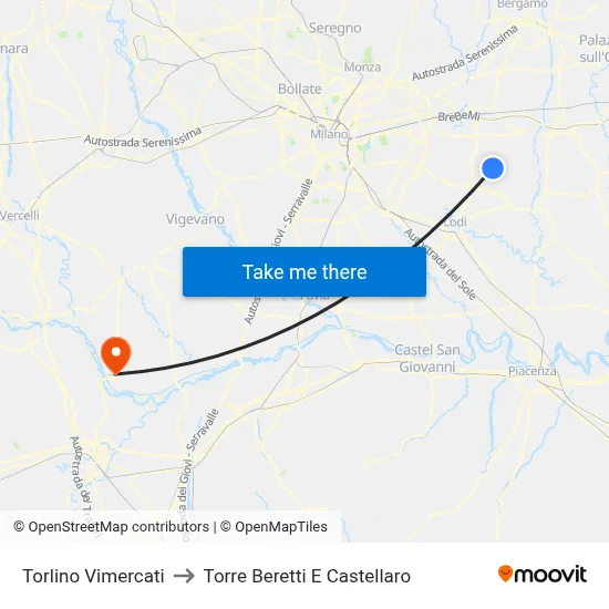 Torlino Vimercati to Torre Beretti e Castellaro map