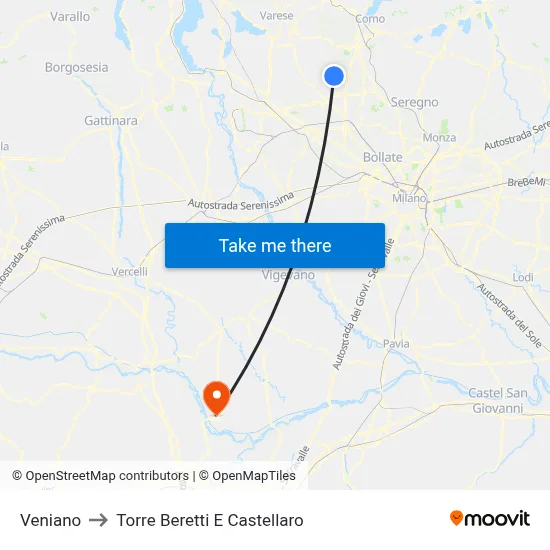 Veniano to Torre Beretti e Castellaro map