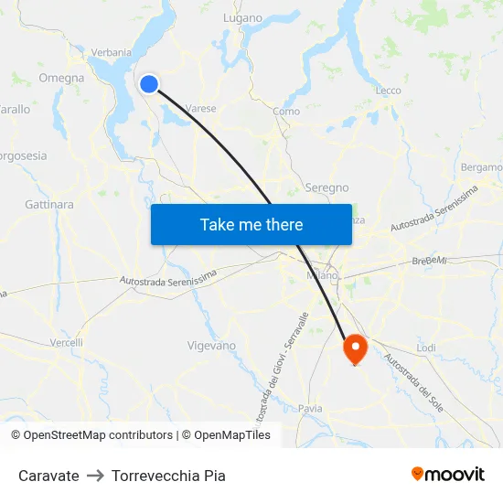 Caravate to Torrevecchia Pia map