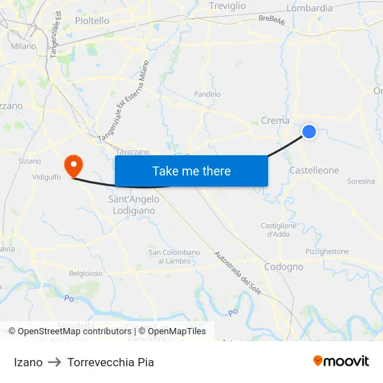 Izano to Torrevecchia Pia map