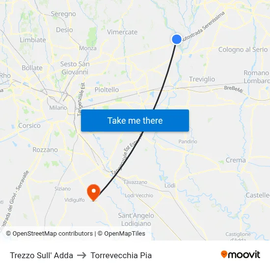 Trezzo Sull' Adda to Torrevecchia Pia map