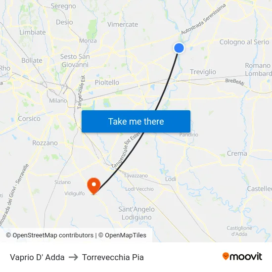 Vaprio d'Adda to Torrevecchia Pia map