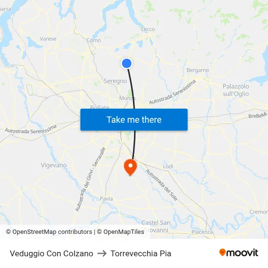 Veduggio con Colzano to Torrevecchia Pia map