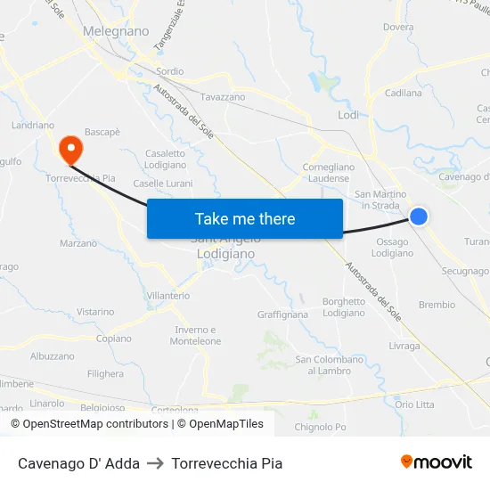 Cavenago D' Adda to Torrevecchia Pia map