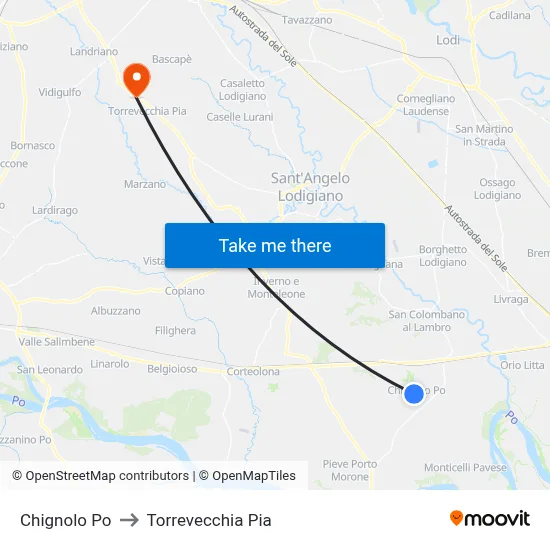 Chignolo Po to Torrevecchia Pia map