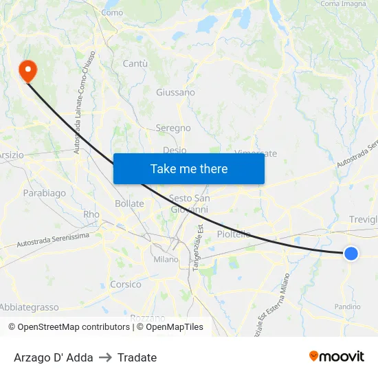 Arzago d'Adda to Tradate map