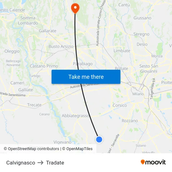 Calvignasco to Tradate map