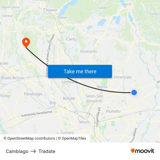 Cambiago to Tradate map