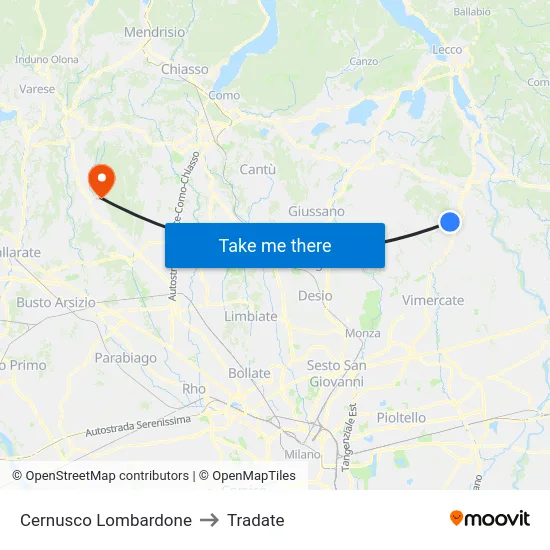 Cernusco Lombardone to Tradate map