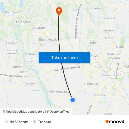 Gudo Visconti to Tradate map