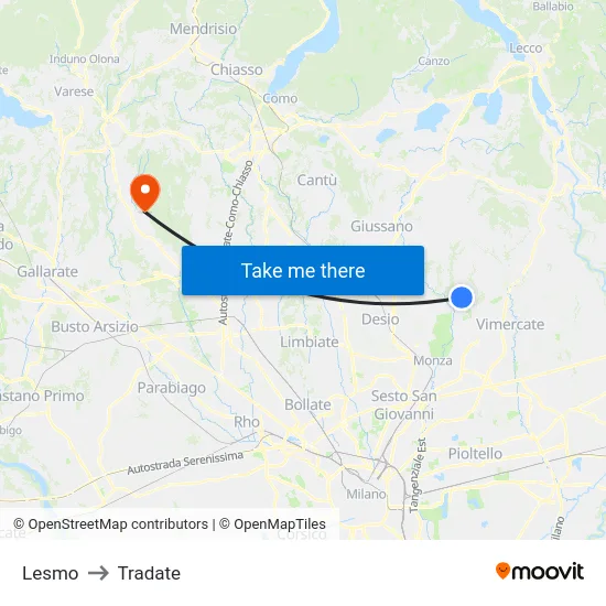 Lesmo to Tradate map