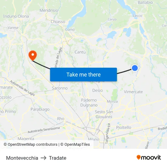 Montevecchia to Tradate map