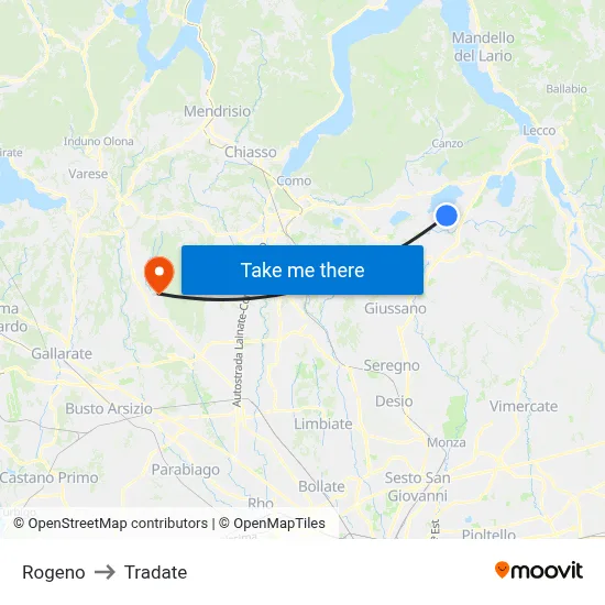 Rogeno to Tradate map
