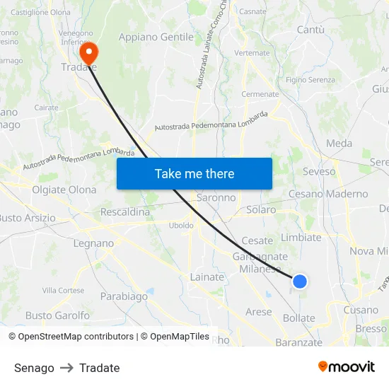 Senago to Tradate map