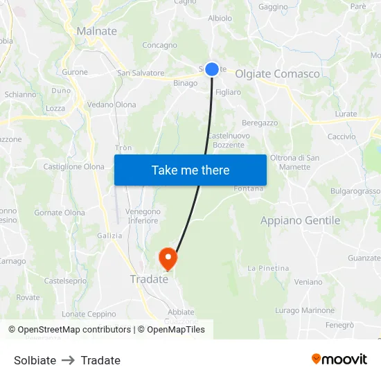 Solbiate to Tradate map