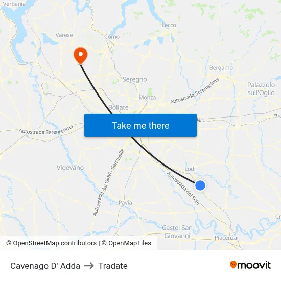 Cavenago D' Adda to Tradate map