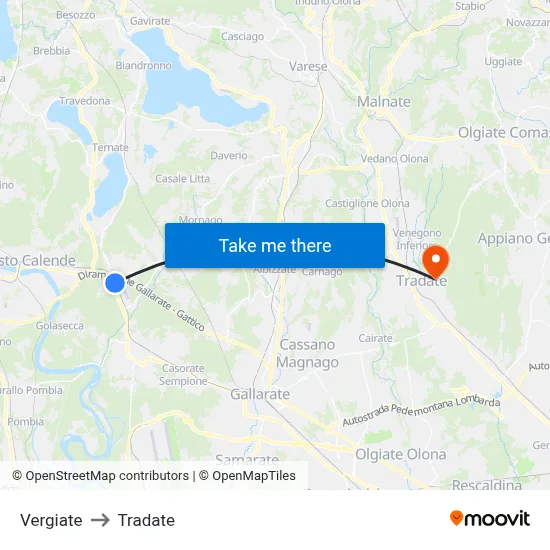 Vergiate to Tradate map