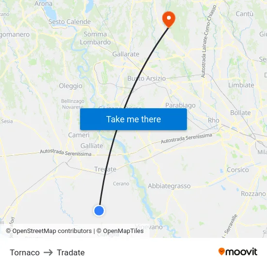 Tornaco to Tradate map