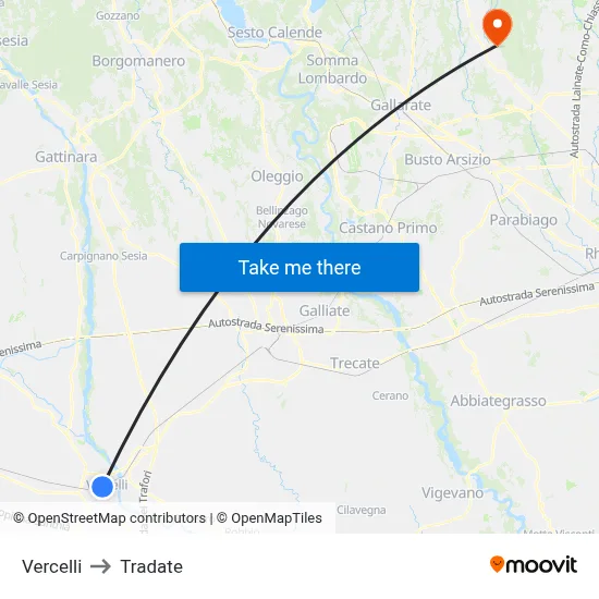 Vercelli to Tradate map