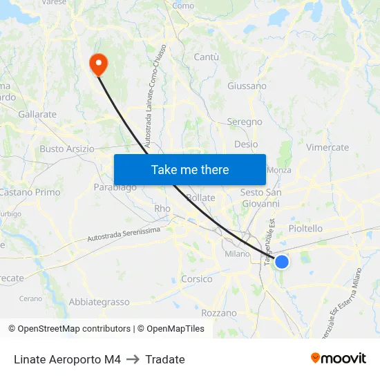 Linate Airport M4 to Tradate map