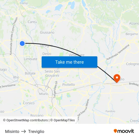 Misinto to Treviglio map
